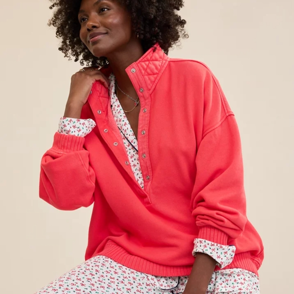 aerie Coral Snap-Front Crewneck Pullover